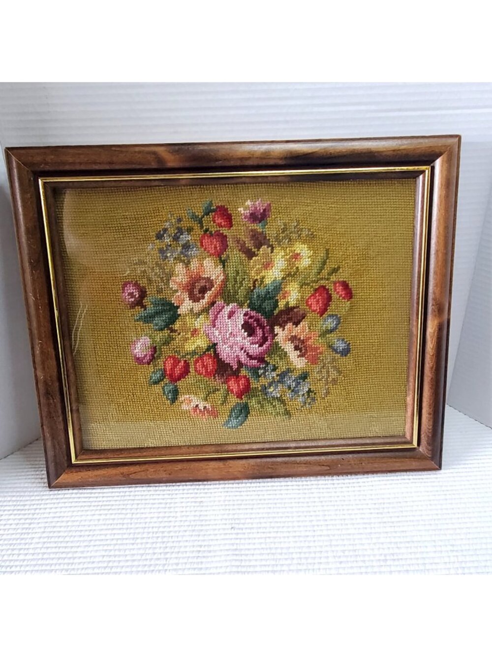 Embroidered Floral Rose Tapestry 16.5"x13.5" Glass Framed Handmade Cottagecore